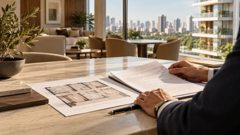 Comprador revisa a planta do apartamento e o contrato antes de assinar, em uma mesa com vista para a cidade
