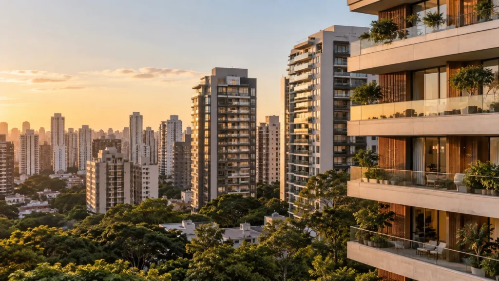 Edifícios residenciais de São Paulo ao entardecer, entre árvores, com varandas de um prédio de alto padrão em primeiro plano