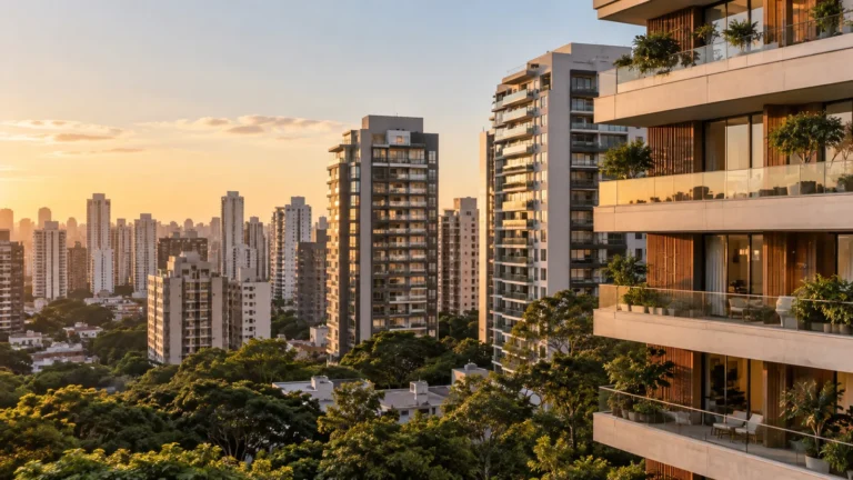 Edifícios residenciais de São Paulo ao entardecer, entre árvores, com varandas de um prédio de alto padrão em primeiro plano