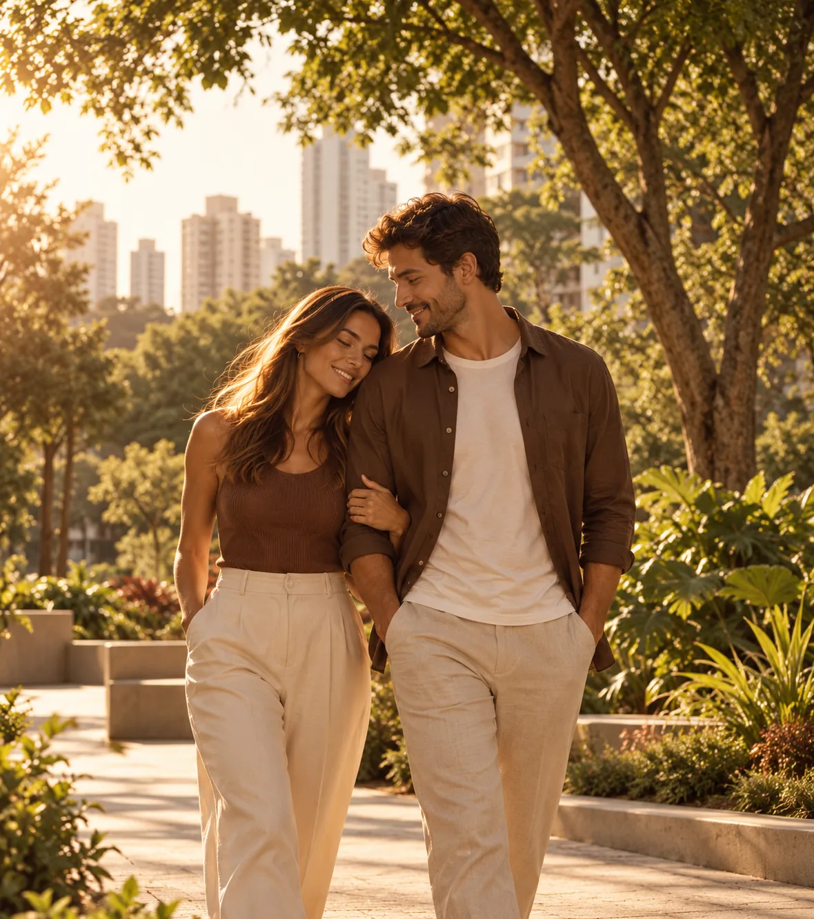 Casal caminhando por uma praça arborizada (imagem ilustrativa)