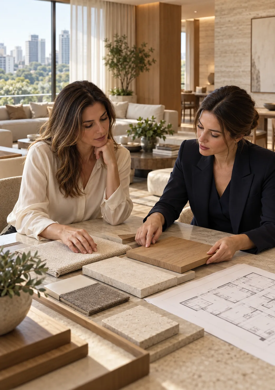 Consultoria de acabamentos do Planik One: amostras de materiais e planta do apartamento